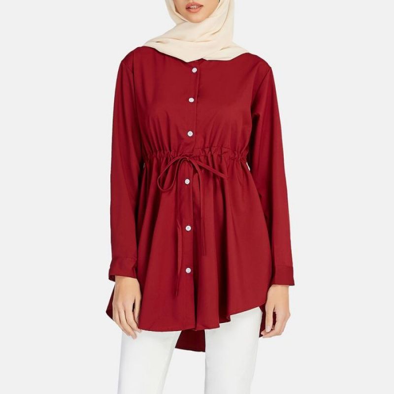Abito camicia in chiffon tinta unita in vita musulmana asiatica da donna, top a maniche lunghe, abbigliamento da donna malese_voghion.com
