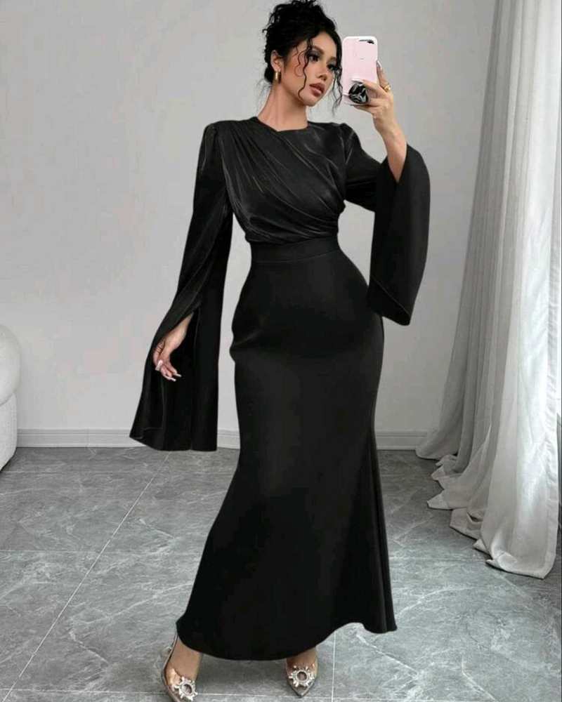 Women's Clothing Autumn Round Neck Bat Sleeve Dress Slim Light Luxury Sexy Dress Female_voghion.com