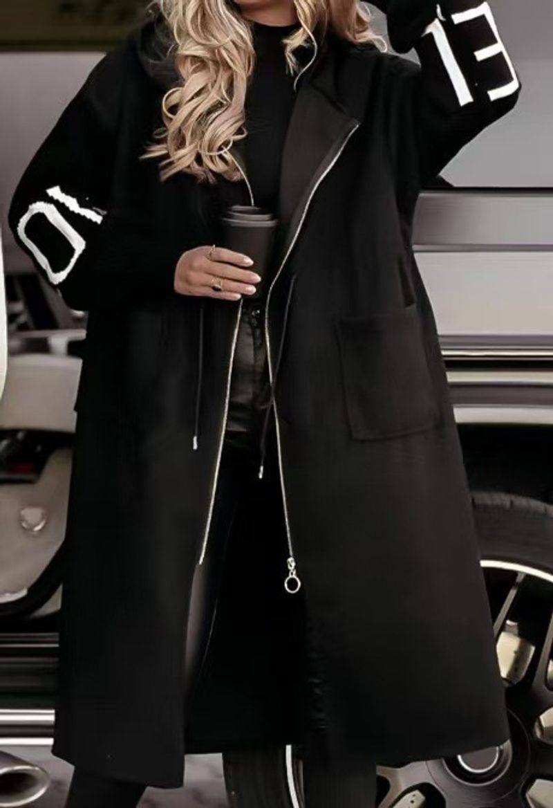 Women's Longline Hooded Jacket With Contrast Panels, Oversized Streetwear Coat With Zip Front & Drop Shoulder, Fall Layering Essential_voghion.com