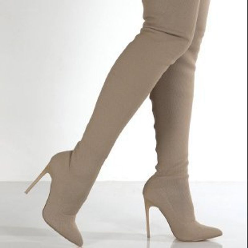Bottes élastiques pour femmes de grande taille Bottes rétro en tricot à talons hauts et skinny pour femmes automne/hiver au-dessus du genou_voghion.com