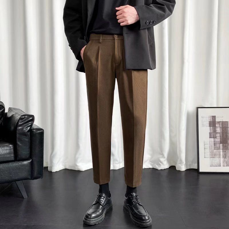 Herrenbekleidung Neue Slim Fit Temperament Winter Literarische Wollhose für Herren Casual Jugend Beliebte Einfarbig Neun Punkte Hose_voghion.com