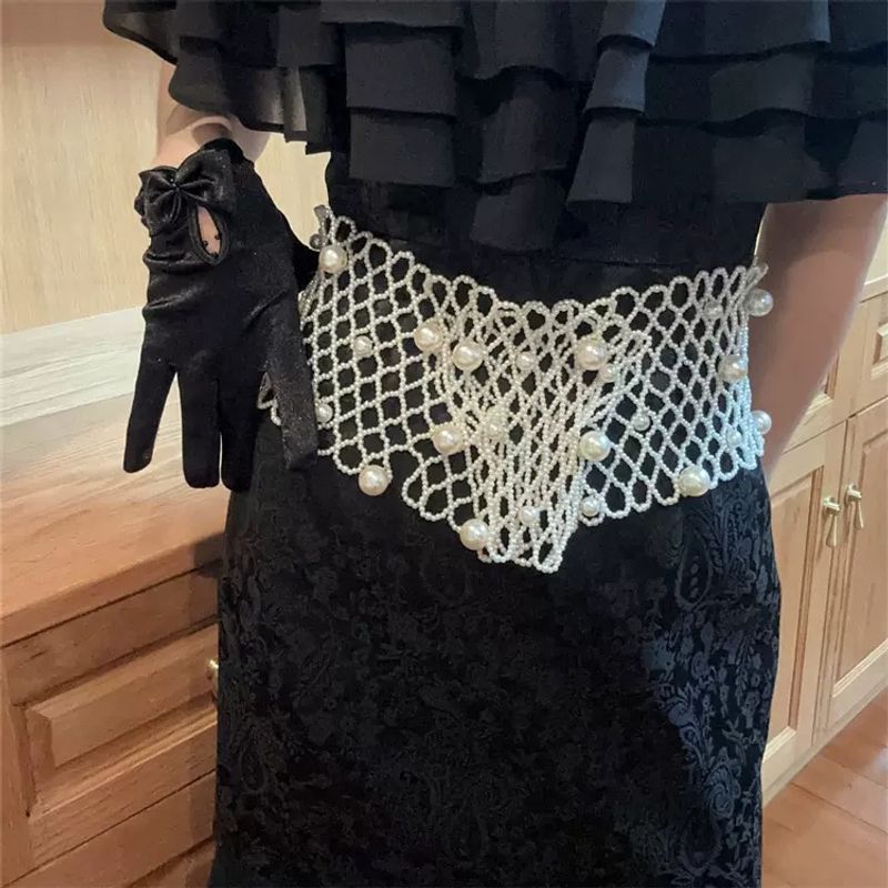 Fashion Women's Unique Hand-woven Belt Elastic Wide Belt Pearl Waist Jewelry 2025 Spring And Summer New_voghion.com