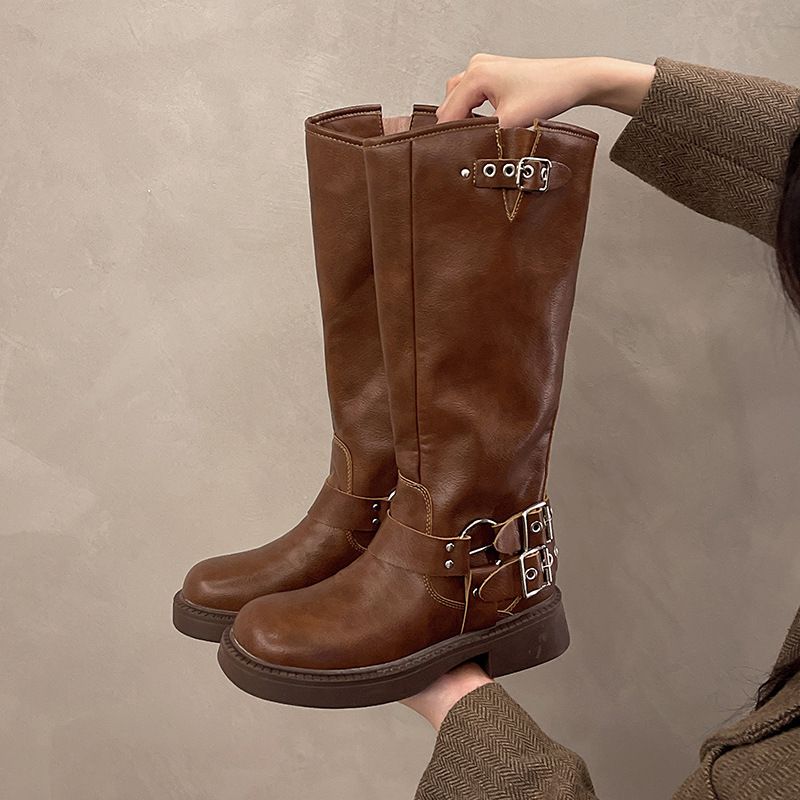 Botas marrones hasta la rodilla para mujer, otoño e invierno 2025, nuevas botas vaqueras occidentales de cuero genuino, botas largas, botas altas de caballero._voghion.com