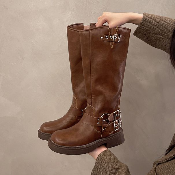 Botas marrones hasta la rodilla para mujer, otoño e invierno 2025, nuevas botas vaqueras occidentales de cuero genuino, botas largas, botas altas de caballero._voghion.com