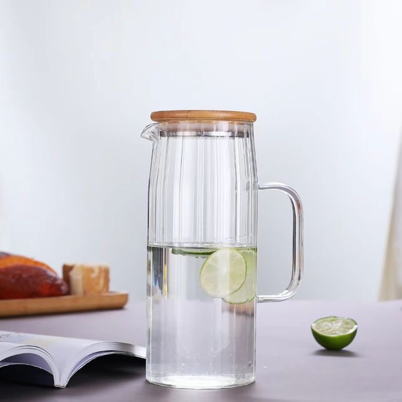 Striped Glass Pitcher With Stainless Steel Lid - 1.5L Thickened Iced Water Jug For Juice Tea & Infused Drinks Heat-Resistant_voghion.com
