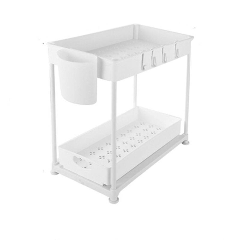 Ausziehbarer Organizer unter der Spüle mit Haken und Becher – 2-stufiges ausziehbares Lagerregal für Küche/Badezimmer, weiß_voghion.com