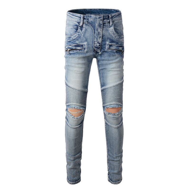 Jean style moto tendance pour homme, coupe 3D, style américain, coupe droite, déchiré, 917_voghion.com