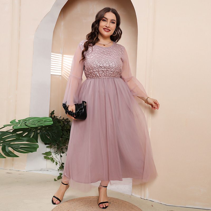Neue Heiße Verkauf Mesh Langarm Kleid Abendkleid Bankett Party Mid länge Plus größe Kleider_voghion.com