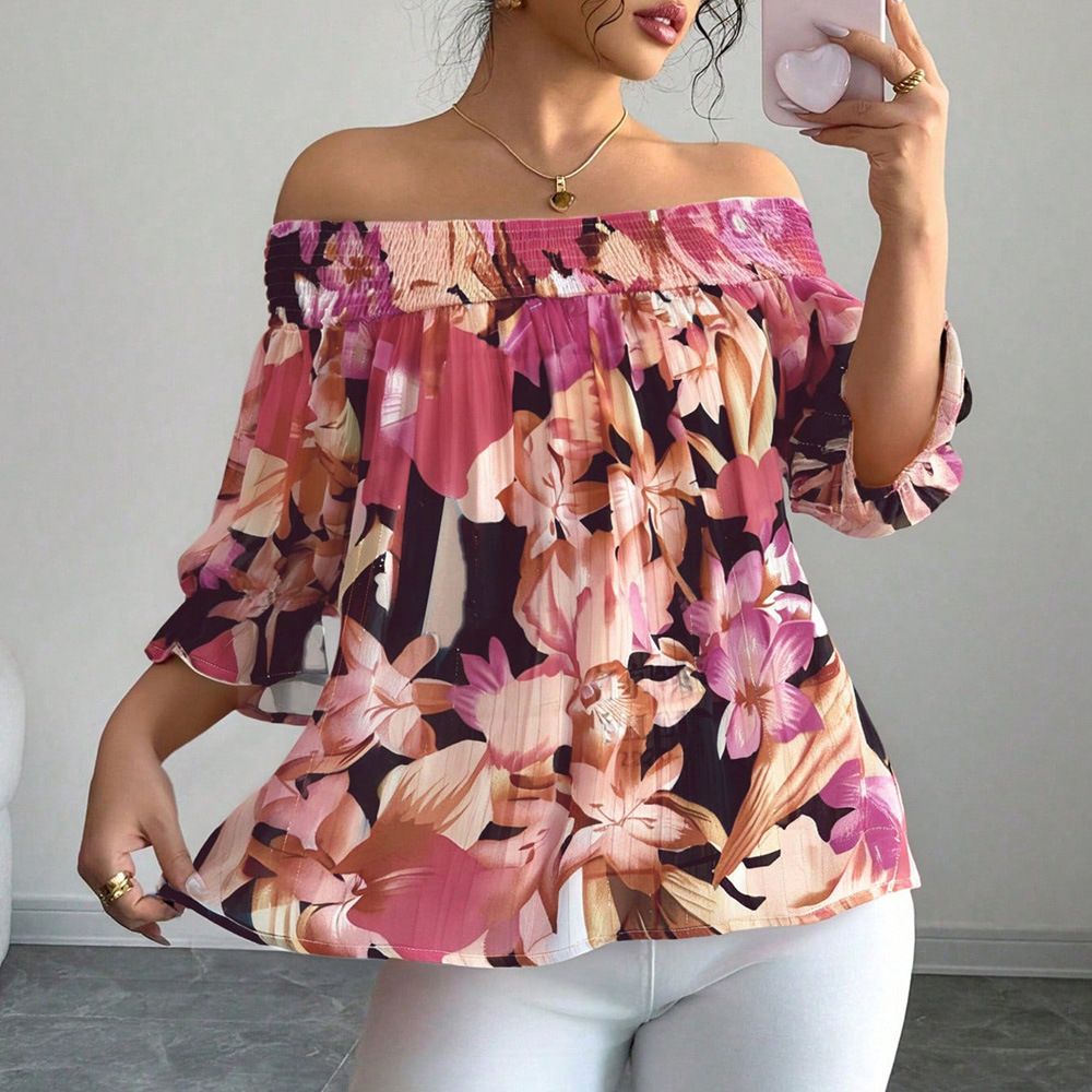 Damenbekleidung, Bluse mit Blumendruck und lockerer Passform, langärmelig, weicher Polyesterstoff, bequem und stilvoll, vielseitige Freizeitkleidung fürs Büro_voghion.com