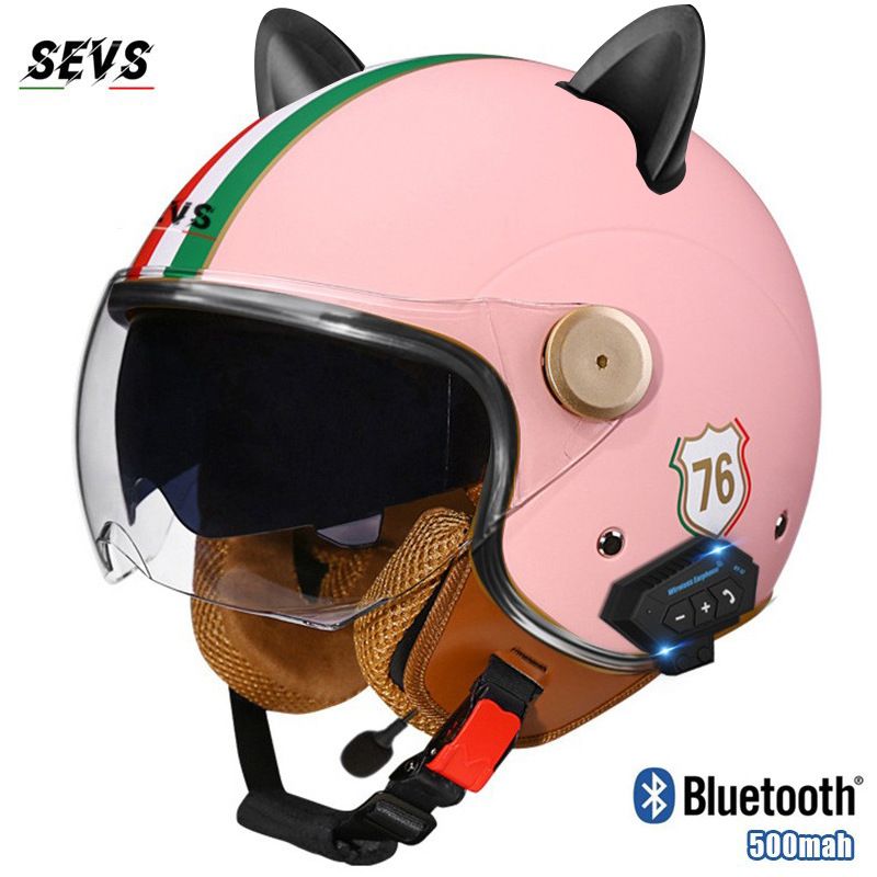 Casque de moto Bluetooth à double visière avec oreilles de chat – Demi-casque rétro certifié DOT et 3C pour hommes et femmes, équipement de conduite toutes saisons_voghion.com