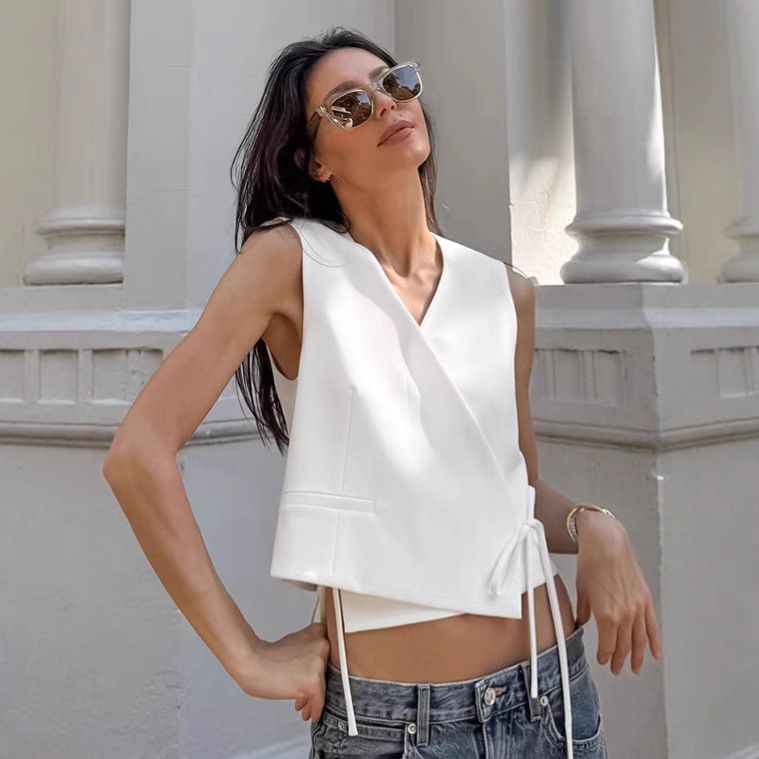 Women's Clothing Temperament White Sleeveless Shirt Women Design Lace Up V Neck Vest Top_voghion.com