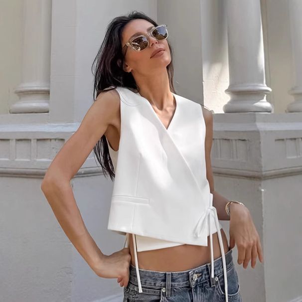 Women's Clothing Temperament White Sleeveless Shirt Women Design Lace Up V Neck Vest Top_voghion.com