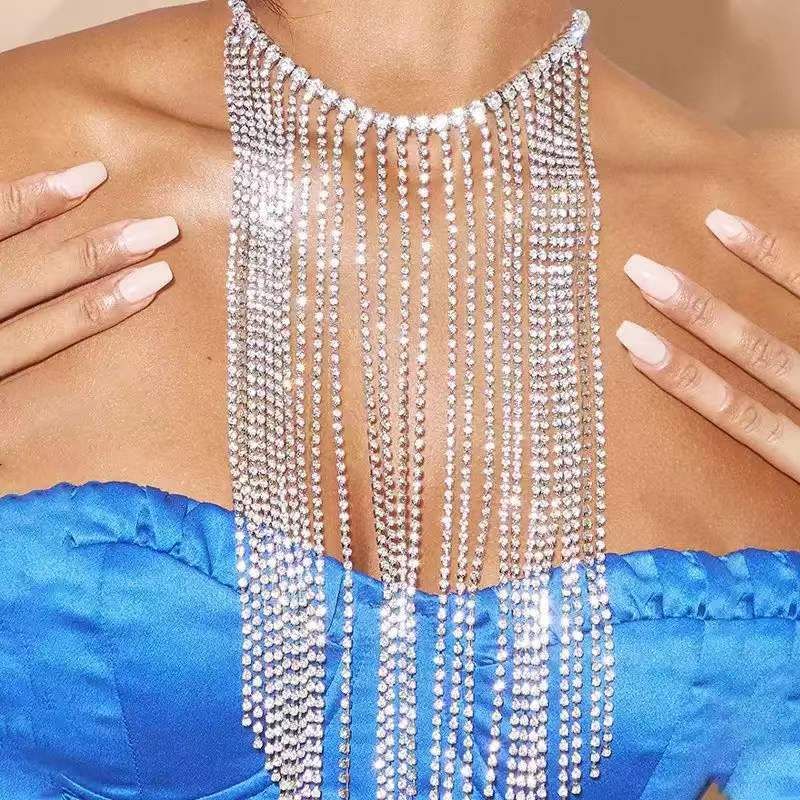 2022 New Full Diamond Tassel Exaggerated Crystal Necklace Fashion Jewelry for Women_voghion.com