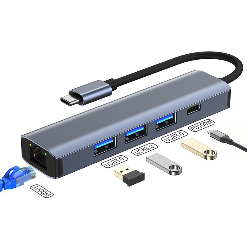 5 in 1 USB-C / Type-C to USB Multifunctional Docking Station HUB Adapter with 1000M Network Port_voghion.com