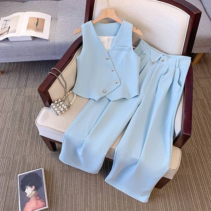 Vêtements pour femmes tempérament sans manches petit parfum style déesse de haute qualité tempérament gilet sans manches haut taille haute jambe large costume deux pièces_voghion.com