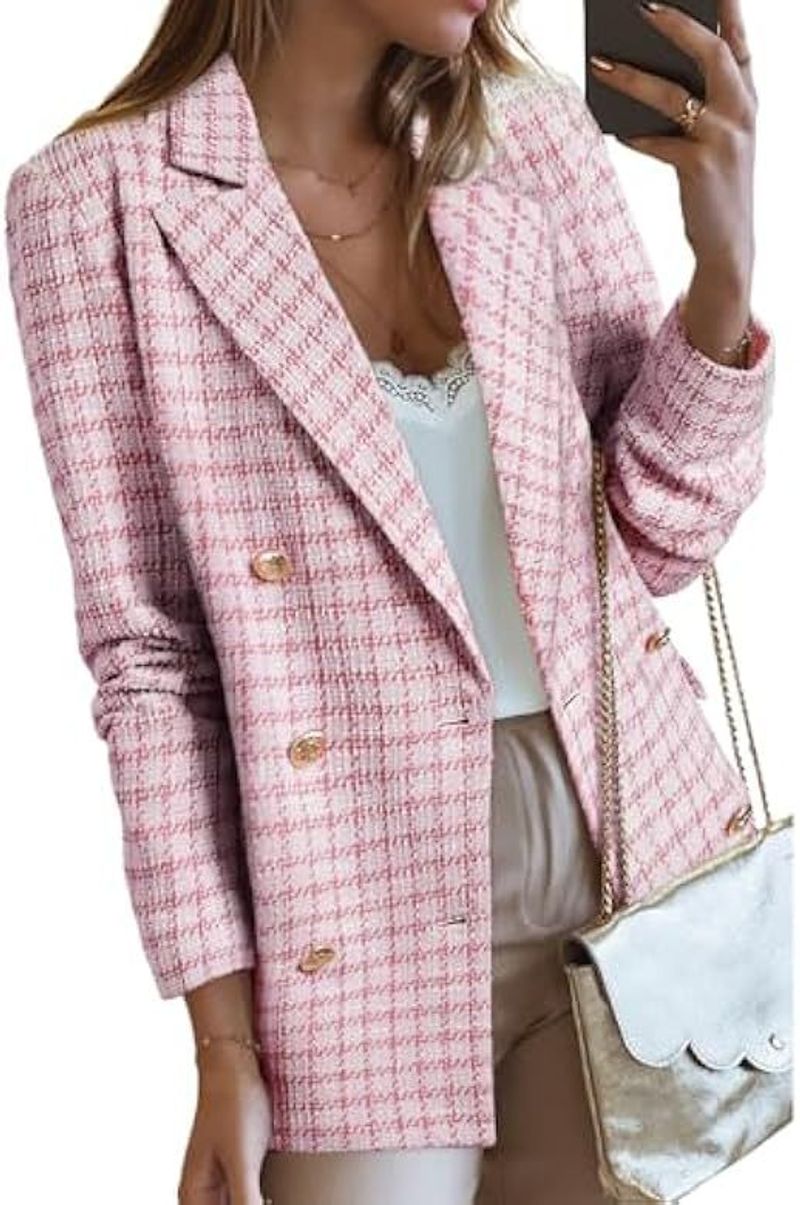 Damenbekleidung Tweed Anzugjacke Freizeitjacke Langarm Zweireihig Vorne Kariert Arbeitskleidung_voghion.com