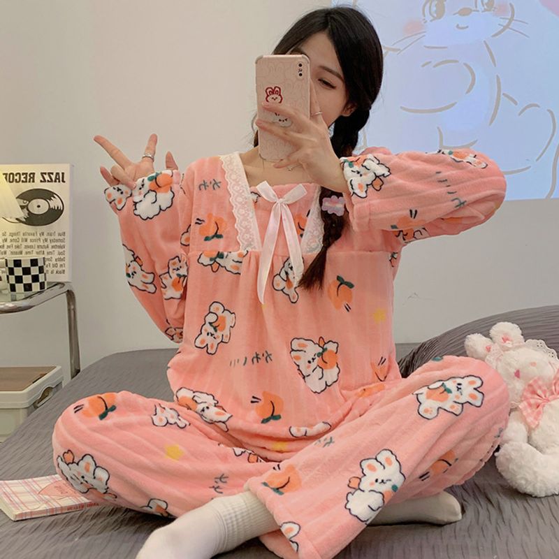 Flanell-Pyjama für Damen, süßer Prinzessinnen-Stil im Herbst-Winter, lange Ärmel und Hosen, Übergröße 230 Pfund, Heimkleidung_voghion.com