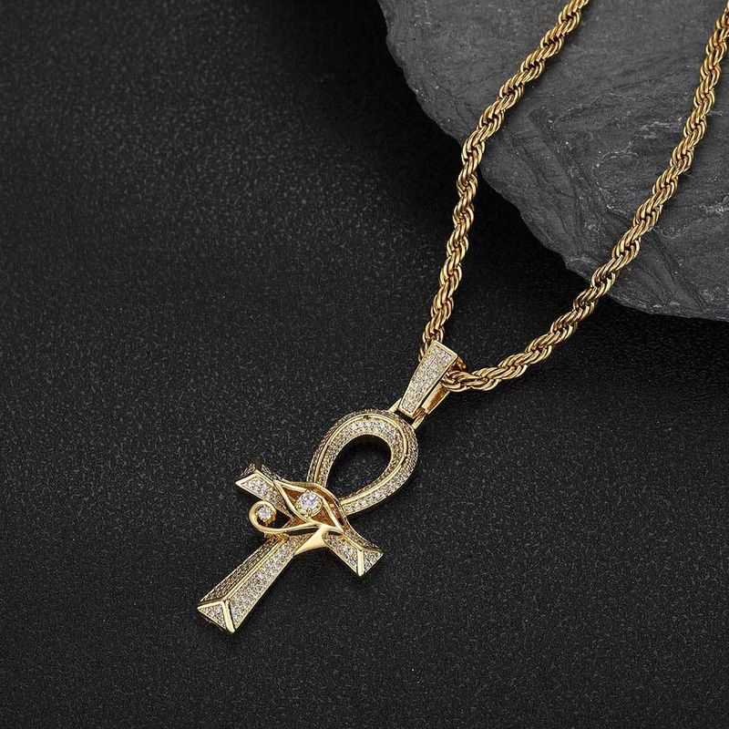Hip Hop Eye of Horus Ankh Cross Pendant Micro-inset zircon retro personality necklace accessories_voghion.com