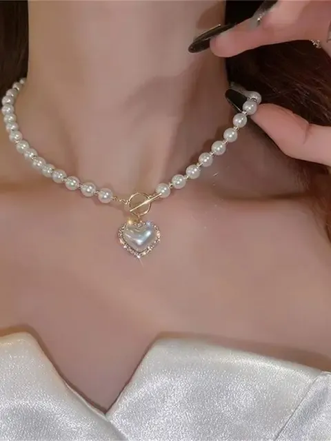 2025 Novi prihodi Retro biseri ključnica verižica Choker modna zlata barva ljubezen srce obesek ogrlica za ženske preprosta zabava_voghion.com
