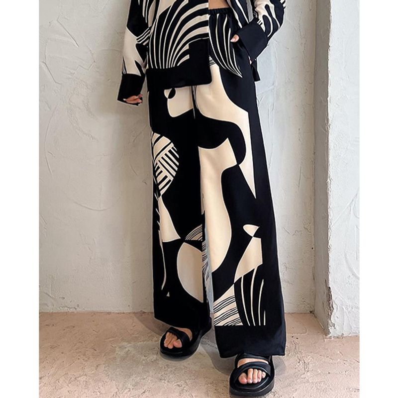 Abito da donna a maniche lunghe stampato casual con risvolto INS set da due pezzi con tasche larghe per donna_voghion.com