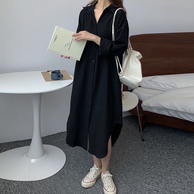 Korean Minimalist Long Sleeve Oversized Shirt With Lapel Collar – Lightweight Cotton Linen Blend For Sun Protection & Office Wear_voghion.com