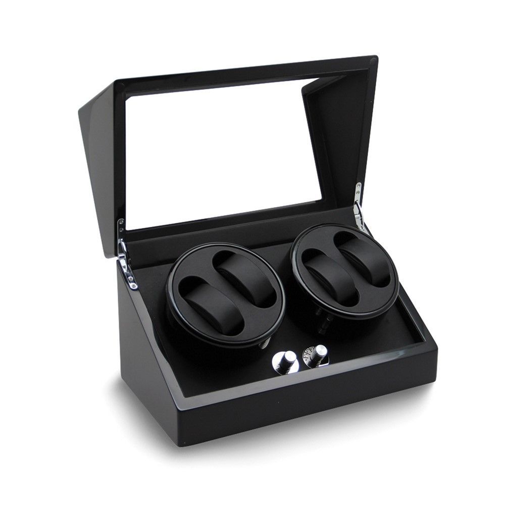 Rotations High Gloss Black Finish With Acrylic Window Velveteen Lined Wood Composite 4-Watch Winder (AC Powered)_voghion.com