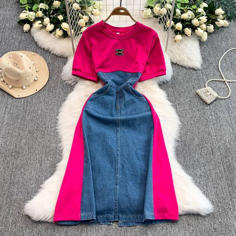 Dameskleding Zomer Nieuwe Korte Mouw Ronde Hals Geborduurde T-shirtjurk Dames Taille Afslankend Denim Split Lange Rok_voghion.com