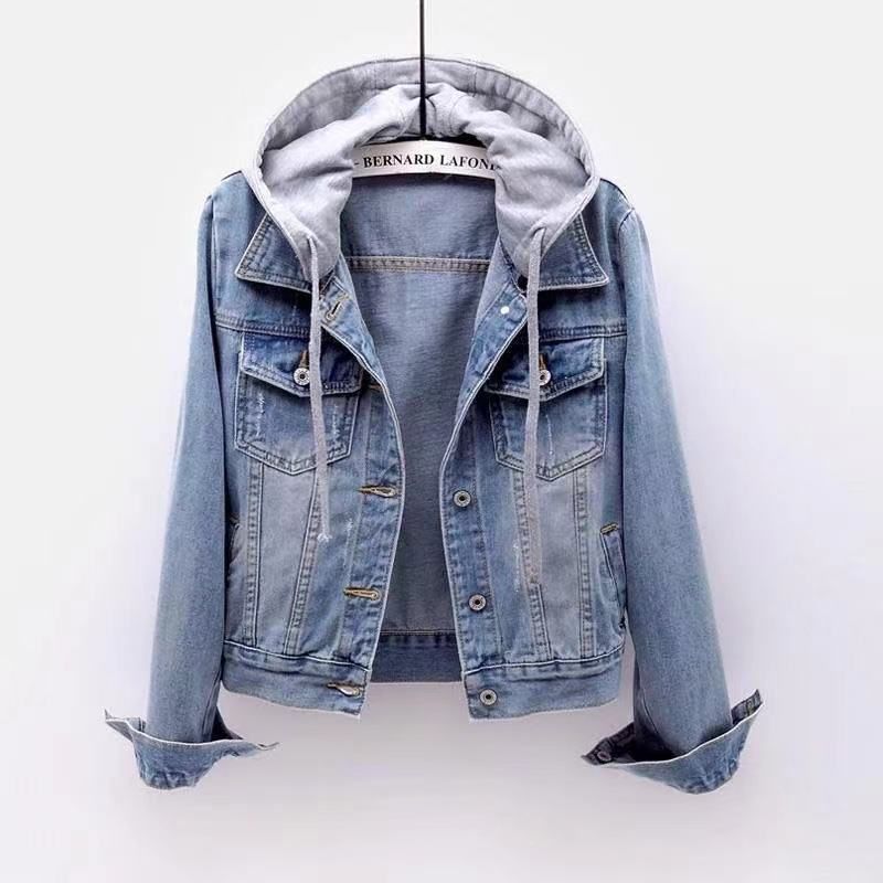 Giacca in denim da donna con cappuccio, oversize, casual, a maniche lunghe, comoda ed elasticizzata, per studenti e lavoro (blu chiaro/blu scuro)_voghion.com
