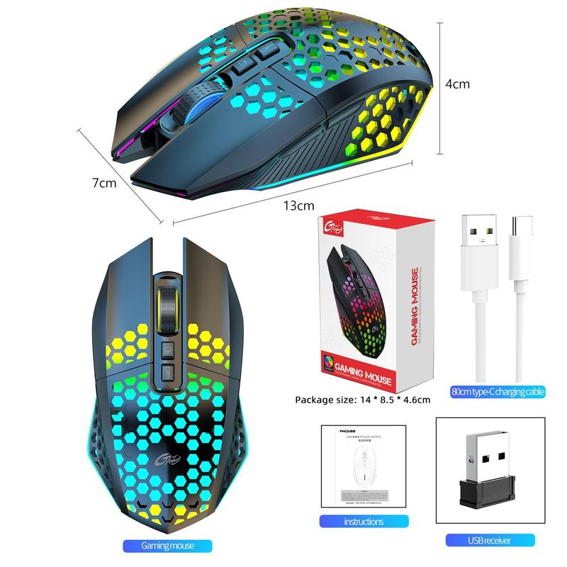 2.4G rechargeable wireless hole mouse 1600dpi colorful backlight with built-in 500MAH_voghion.com