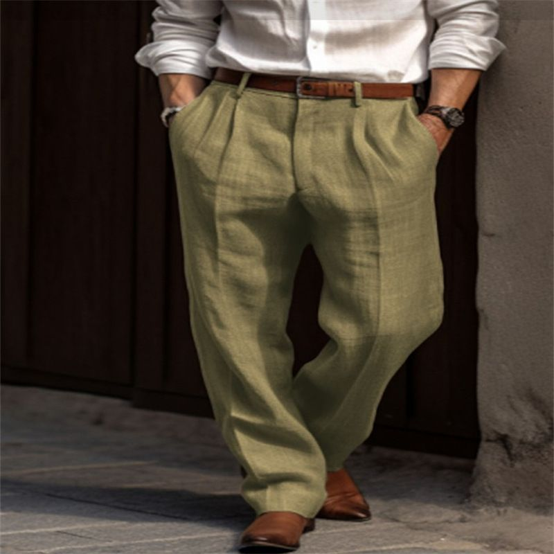Herrenbekleidung Herren Leinenhose doppelt gefaltete Vordertasche gerader Zylinder einfarbig bequem atmungsaktiv lässig_voghion.com