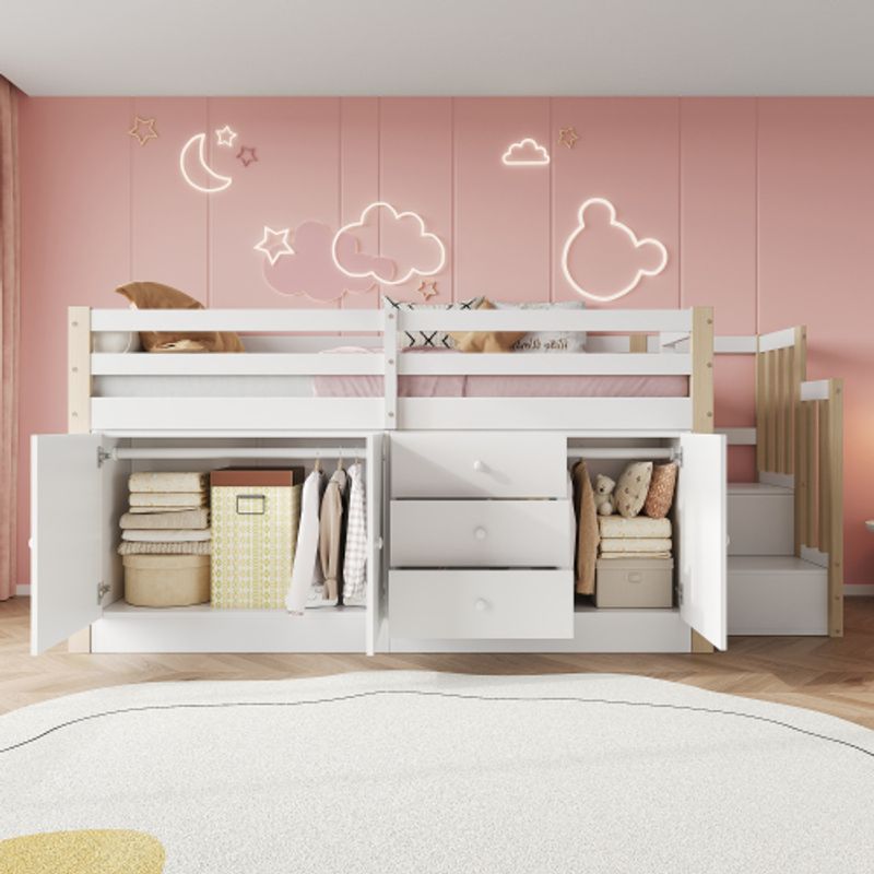 Kinderhochbett, Kinderbett, Einzelbett, Multifunktions-Kinderbett, Mit Treppe, Mit Schubladen, Mit 2 Stauschränken und Wäschestange, Ohne Matratze, Weiß 90*200_voghion.com