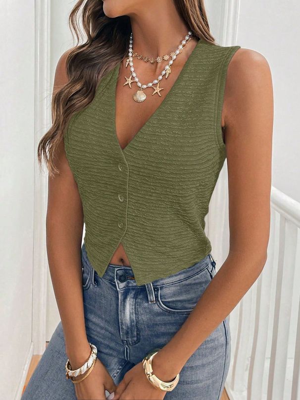 Gilet da donna in maglia monopetto con scollo a V, nuovo, semplice e versatile, senza maniche, corto, invernale_voghion.com