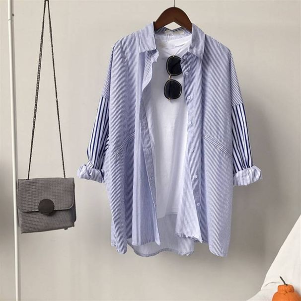 Women's Clothing Autumn striped shirt women's mid length long sleeved large size student versatile loose boyfriend style jacket village clothes_voghion.com