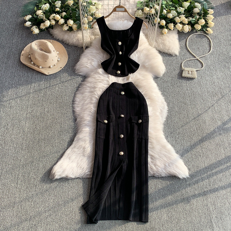 Women’s Clothing Light Mature Style Temperament Single Breasted Square Collar Knitted Vest Top For Women Summer High Waist Slim Split Skirt Suit_voghion.com