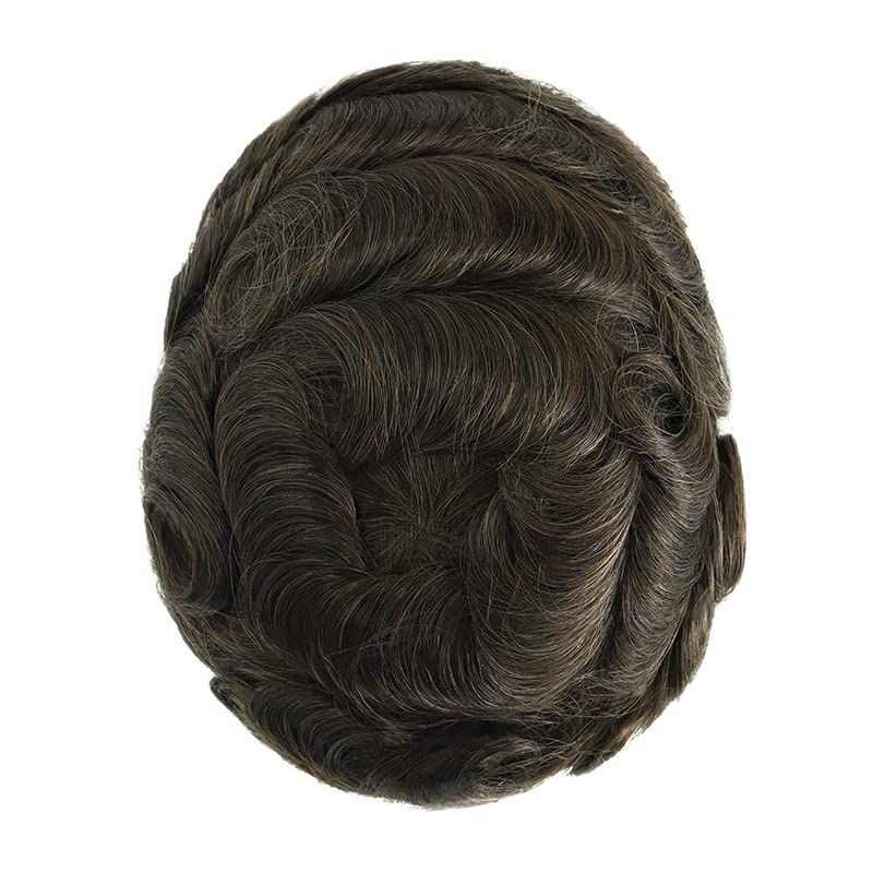 French Lace Toupee For Men 100% Human Hair Replacement System Natural Hairline HairPieces Real Mens Wig Medium Brown ASH Color #4ASH_voghion.com