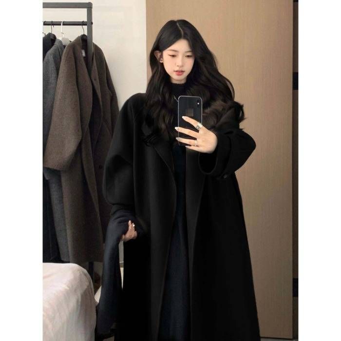 Elegante trench in misto lana per donna - Lungo soprabito nero e verde oliva con fodera interna o opzione trapuntata, collo polo, taglio dritto per l'ufficio_voghion.com