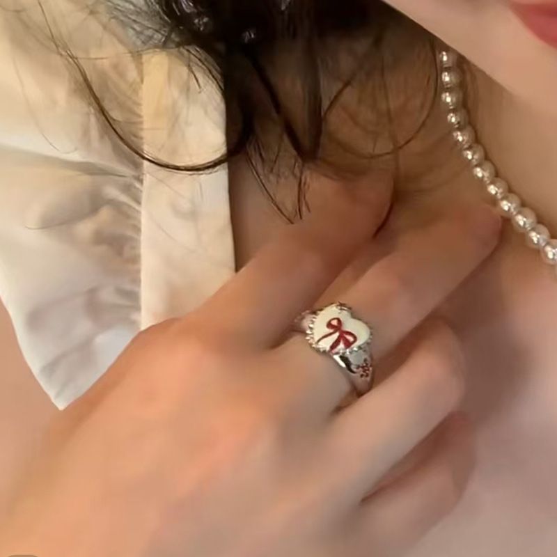 Sweet Oil Drip Heart Bowknot Fashion Niche Simple Versatile Girly Open Finger Ring New Style_voghion.com