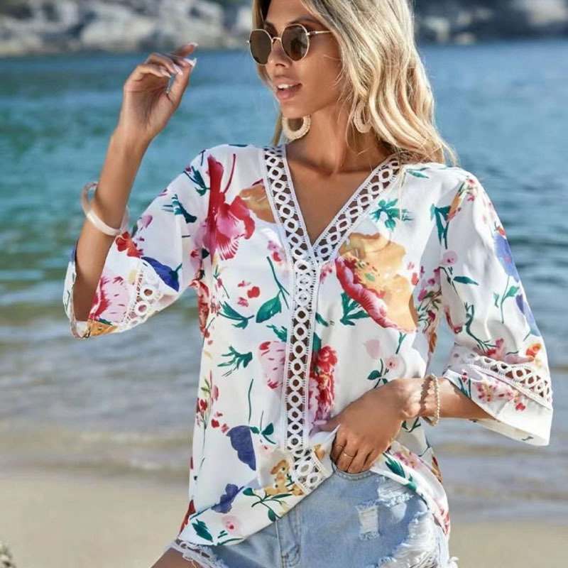 Damen Chiffonbluse mit Trompetenärmeln und V-Ausschnitt, lockerer Schnitt, bedruckt_voghion.com