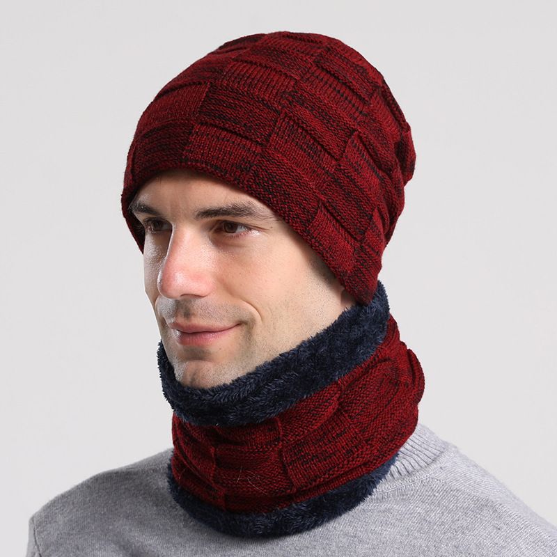Winter hat pullover hat scarf suit plus velvet thickened woolen hat men men's knitted hat_voghion.com
