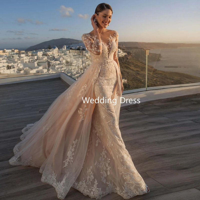 Ropa de mujer 2024 Nuevo vestido de novia de cola de pez de princesa, blanco, transparente, sin espalda, de encaje, vestido de novia L, conjunto de dos piezas_voghion.com