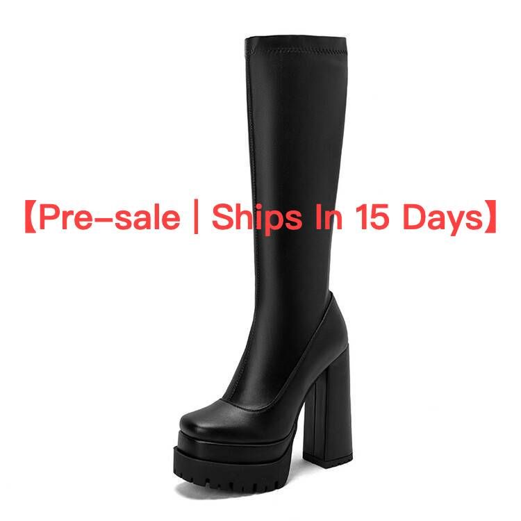 【Pré-venda | Entrega em 15 dias】Botas de salto alto com elástico alto e zíper lateral, plataforma alta, para mulheres, tamanho grande, botas da moda com perna alta_voghion.com