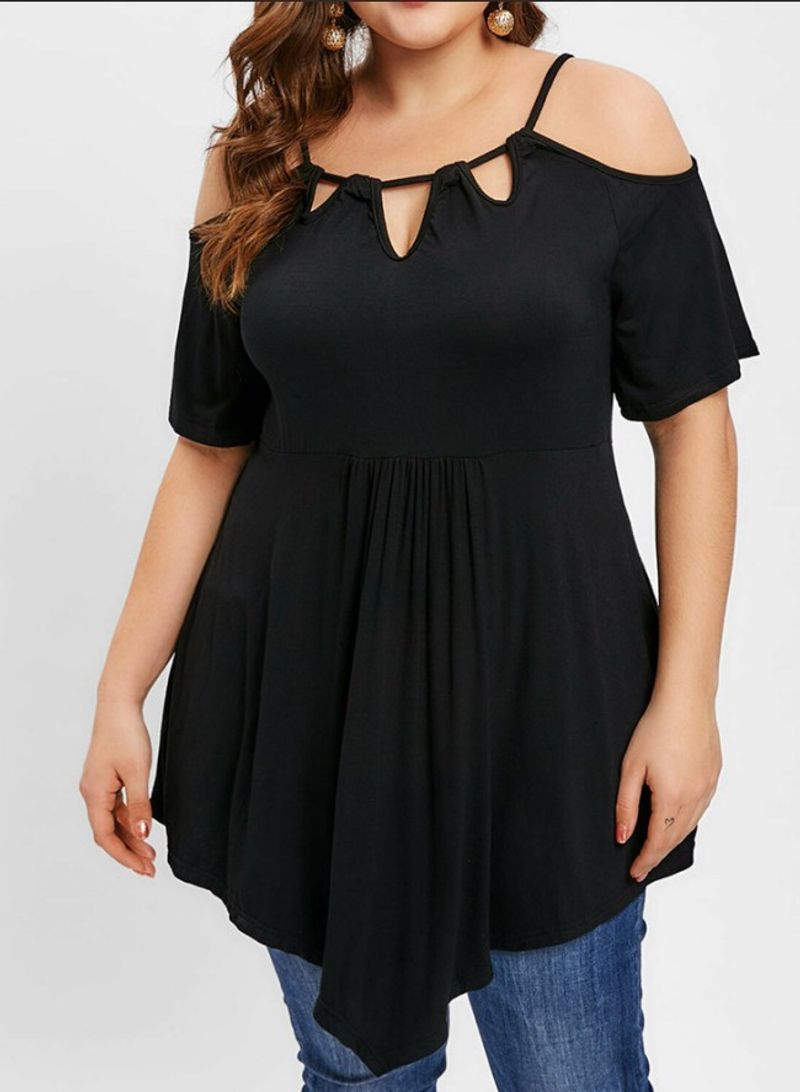 Special New Women's Round Neck Off Shoulder Lace Up Short Sleeve Irregular Top Large T-shirt_voghion.com