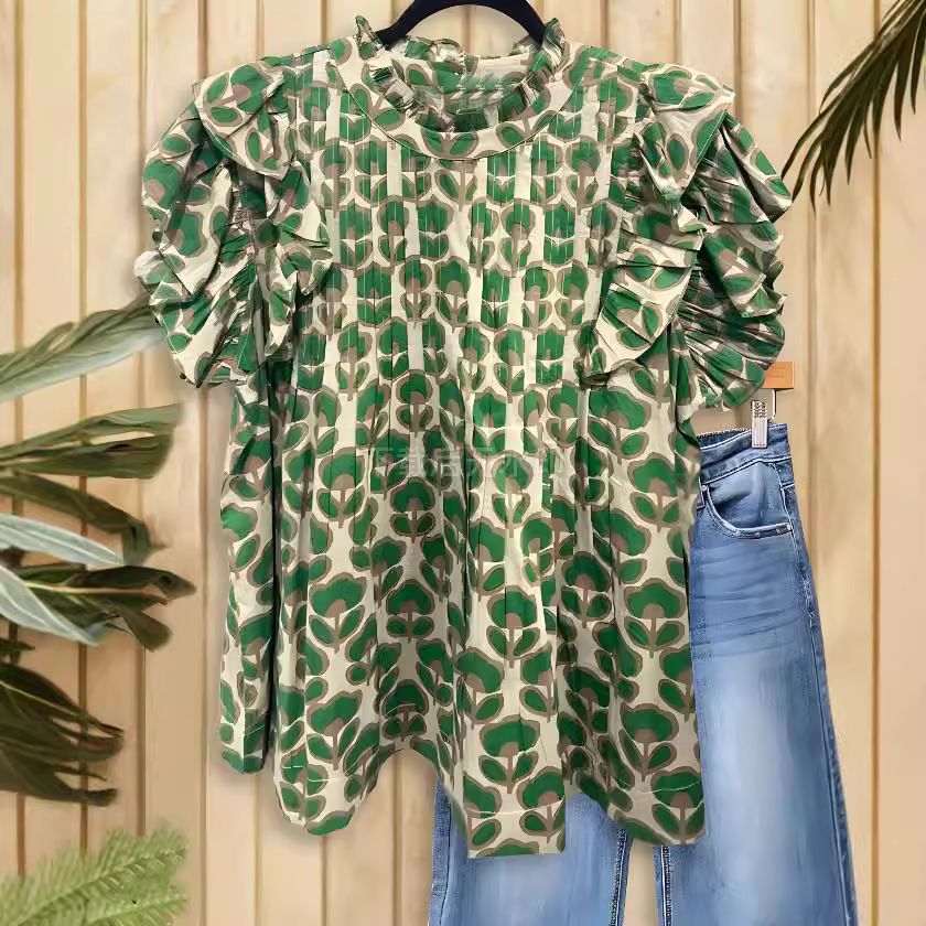 Y2025 Sommer Abstrakte Druck Bluse Mode Rüschen Ärmelloses frauen Top_voghion.com