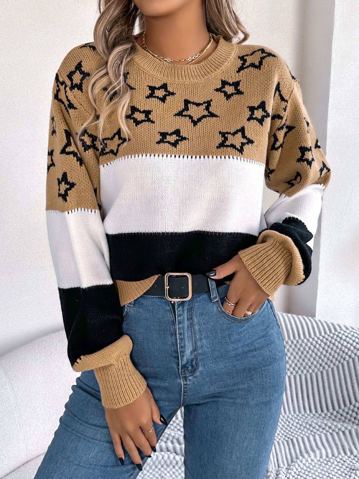 2025 Herbst Winter Casual Color Block Star Hollow Laterne Ärmel Pullover Pullover Damenmode_voghion.com