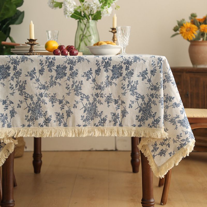 Light Luxury Ins Style Small Fresh Cotton And Linen Blue Small Floral Tablecloth Rectangular Tablecloth Picnic Cloth Tablecloth_voghion.com