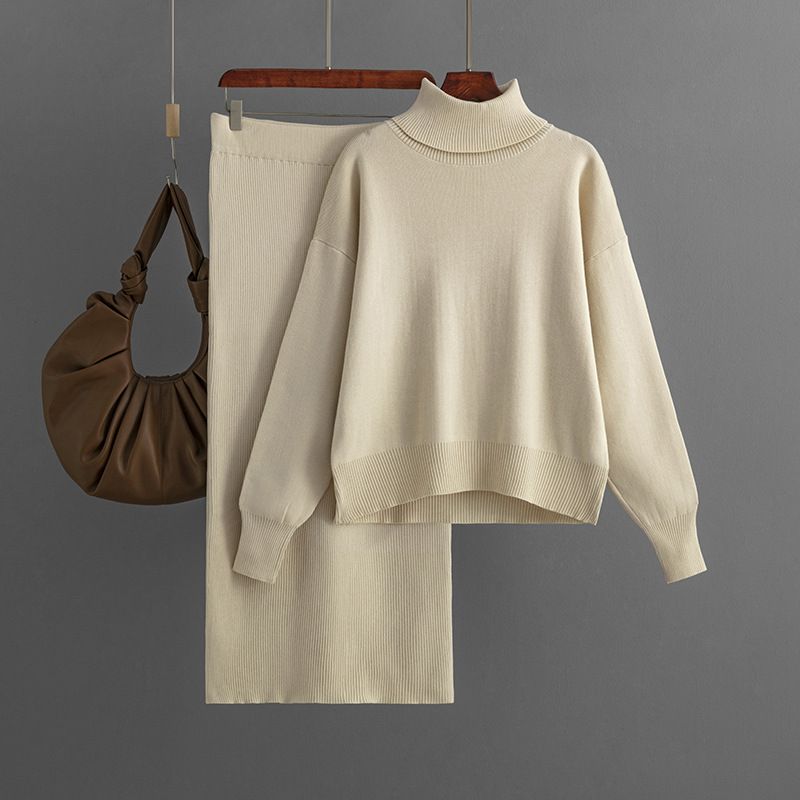Damen-Strickanzug für Damen, Herbst und Winter, neuer einfarbiger Rollkragenpullover, halblanger Hüftrock, zweiteiliges Set_voghion.com