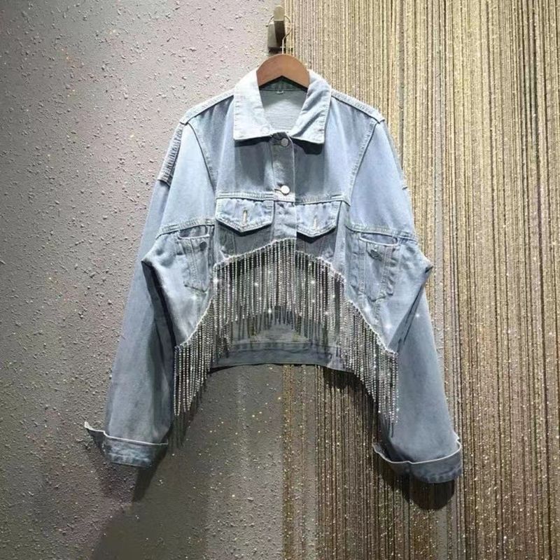 Giacca di jeans strass per donna giacca di jeans donna coreano nuovo cappotto Tael Streetwear Caual manica lunga Top_voghion.com