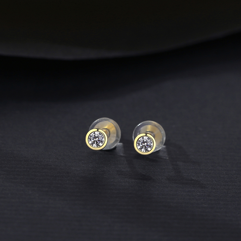 Orecchini a bottone semplici rotondi in zircone trasparente Sterg Sier per donna, placcati in oro 14K_voghion.com