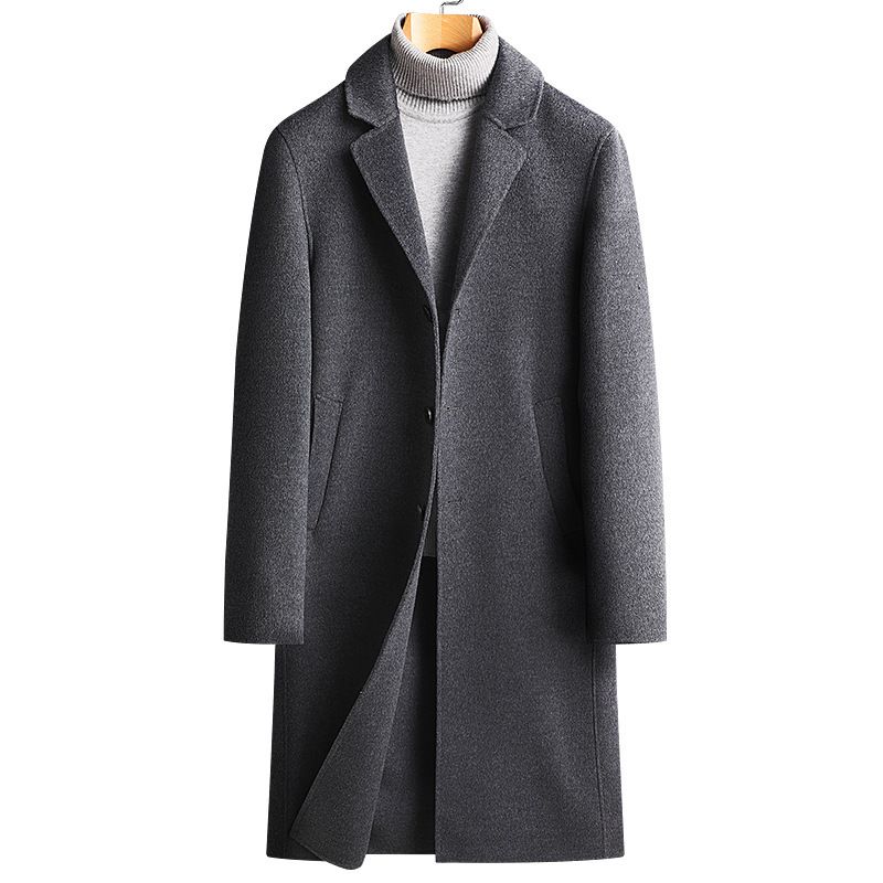 Płaszcz męski ze 100% wełny – jednorzędowy, długi płaszcz z metalowymi akcentami (czarno-szary, rozmiary M-3XL)_voghion.com
