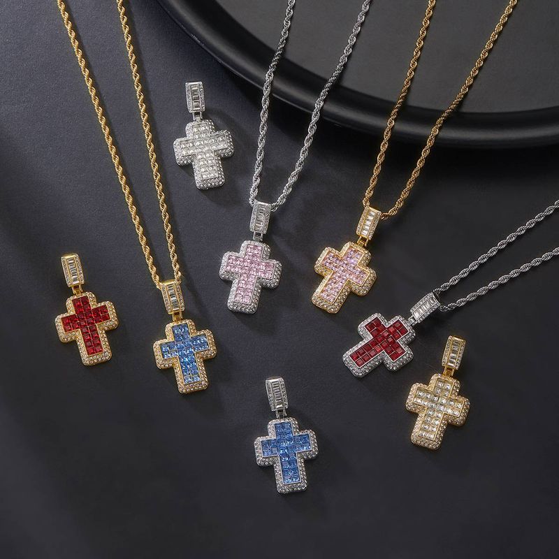 Halskette mit Kreuzanhänger voller Diamanten und farbigem Zirkonia aus Edelstahl, Twist-Kette, Hip-Hop-Trend_voghion.com